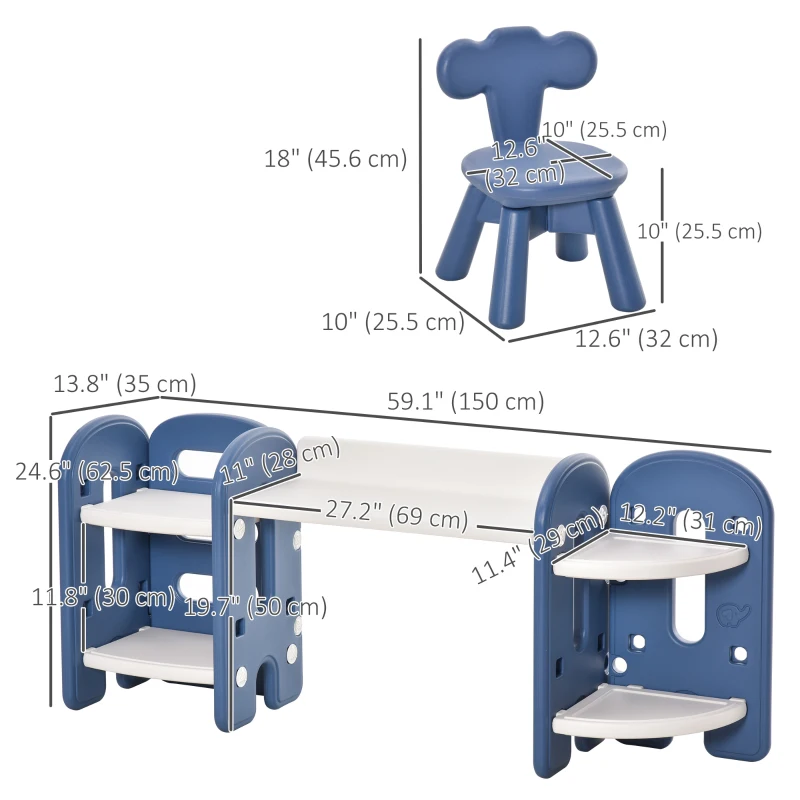 Qaba Kids Adjustable Table and Chair Set 2 Piece Play Table with Storage Children's Playroom/Bedroom Furniture Toddler PE Blue and white for 1-4 years old