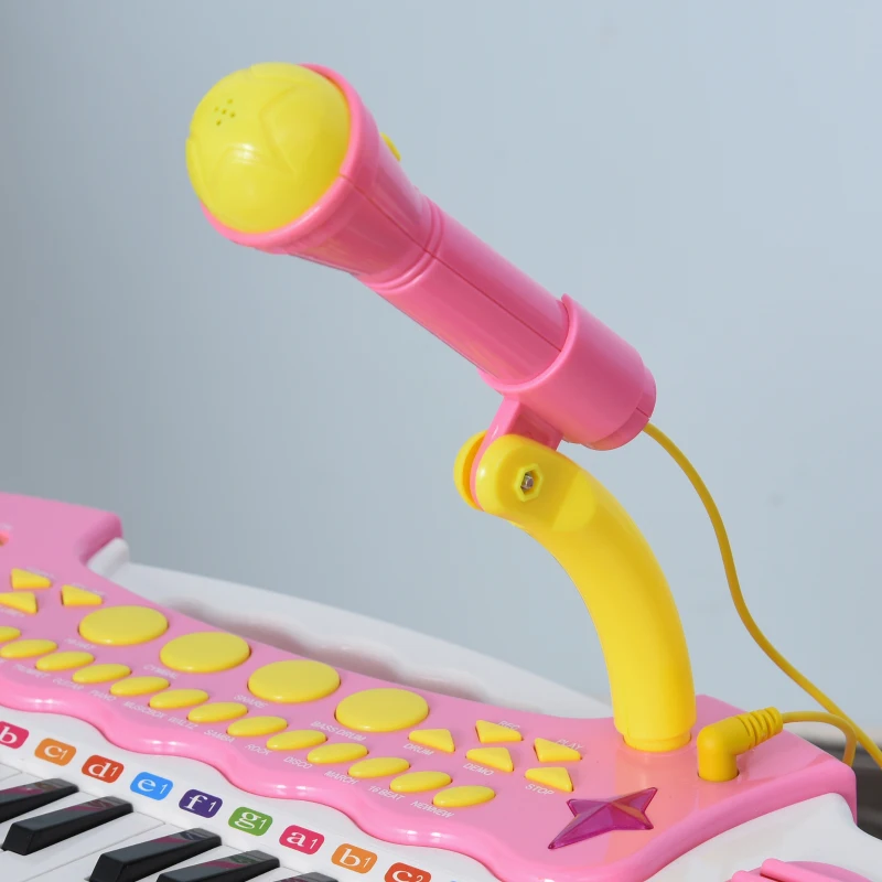 Qaba Kids Toddler Toy Piano Keyboard with Included Sitting Stool, Working Microphone, A Fun Bright Flashlight, Pink