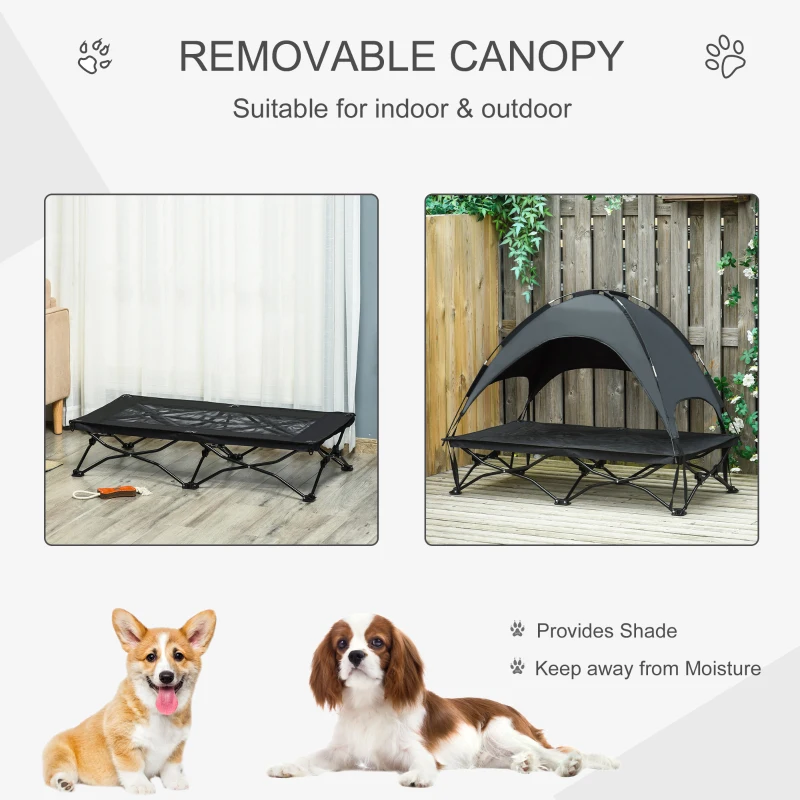 PawHut Elevated Pet Cot with Removable Canopy Shade UV Protection Portable Foldable Raised Bed Cot Carry Bag for Large and Medium-sized Dogs Indoor Outdoor Black