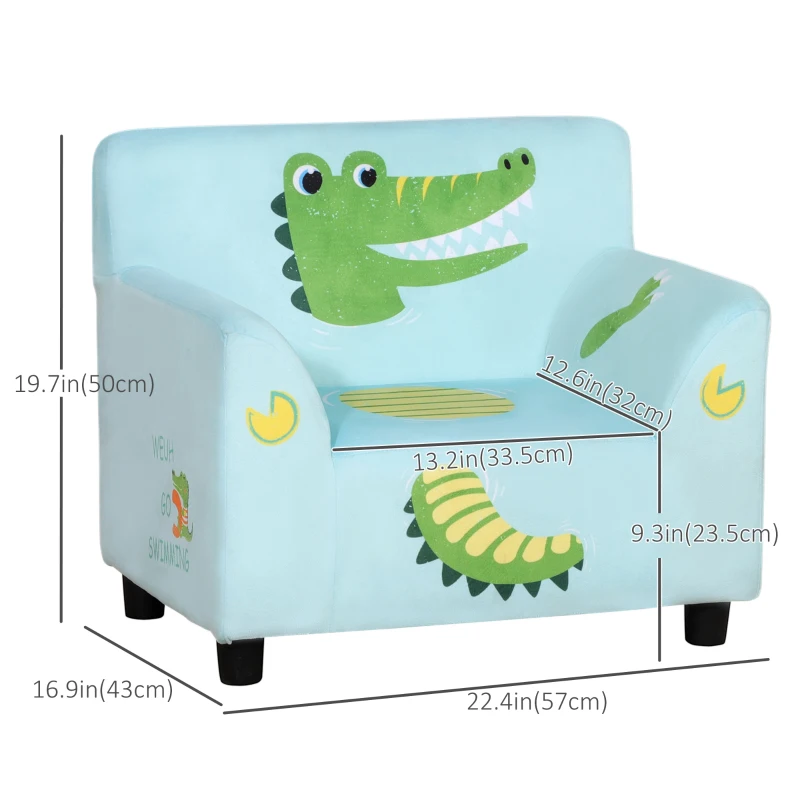 Qaba Kids Sofa, Armrest Chair for Preschool, Toddler Couch for Kids Room, Kindergarten with Cute Animal Print, Super-soft Velvet, Eucalyptus Wood, Light Blue