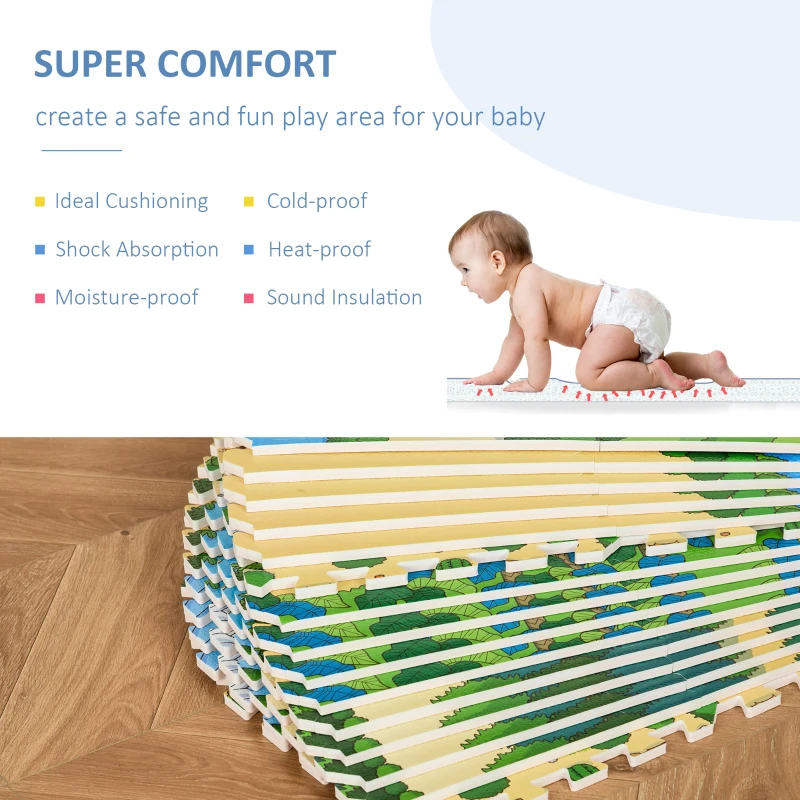 Qaba Kids Foam Puzzle Floor Tiles Baby Toddler Play Mat 36Pcs Anti-slip Crawling Learning with End Border Dinosaur Land Pattern 35SqFt EVA