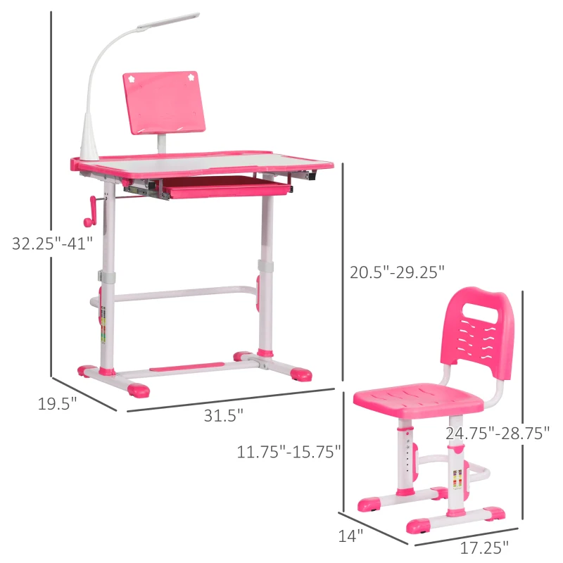 Qaba Kids Desk and Chair Set, Height Adjustable School Study Table and Chair, Student Writing Desk with Tilt Desktop, LED Light, Pen Box, Drawer, Reading Board, Cup Holder, and Pen Slots, Pink