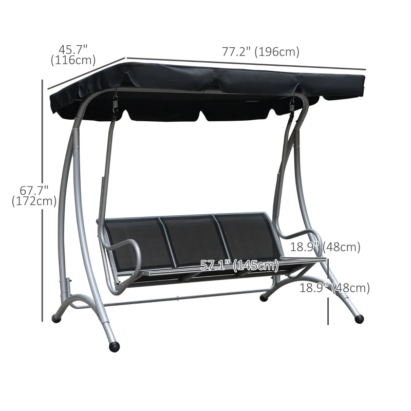 Outsunny 3-Seater Outdoor Swing Chair Bench with Adjustable Canopy, Black