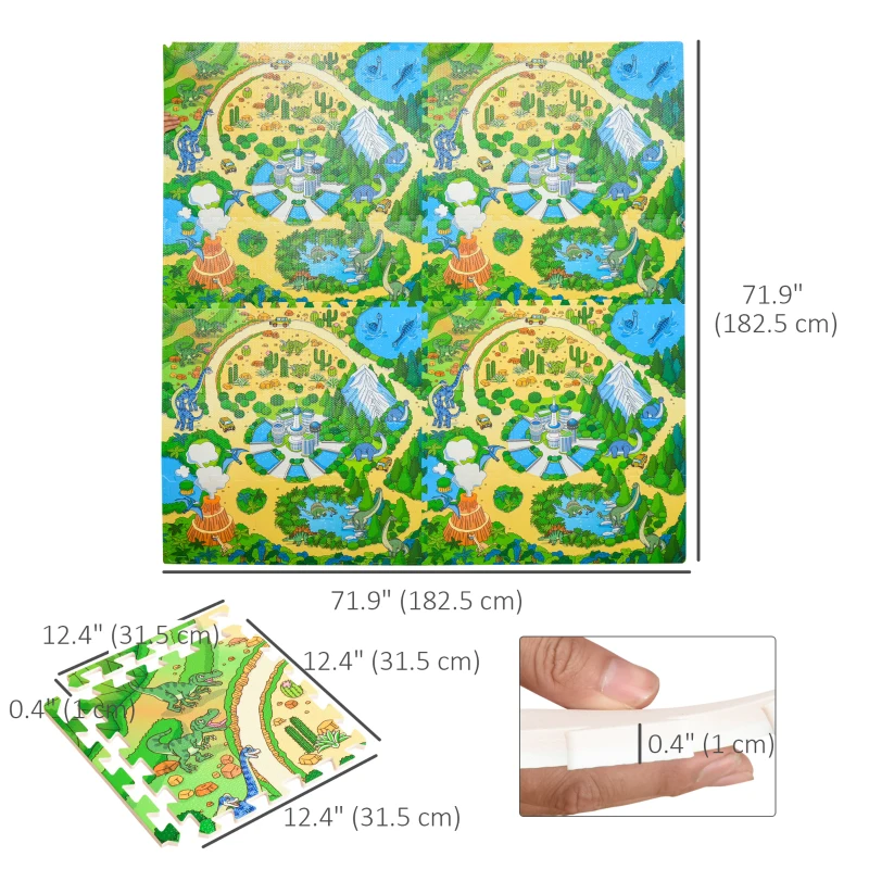 Qaba Kids Foam Puzzle Floor Tiles Baby Toddler Play Mat 36Pcs Anti-slip Crawling Learning with End Border Dinosaur Land Pattern 35SqFt EVA