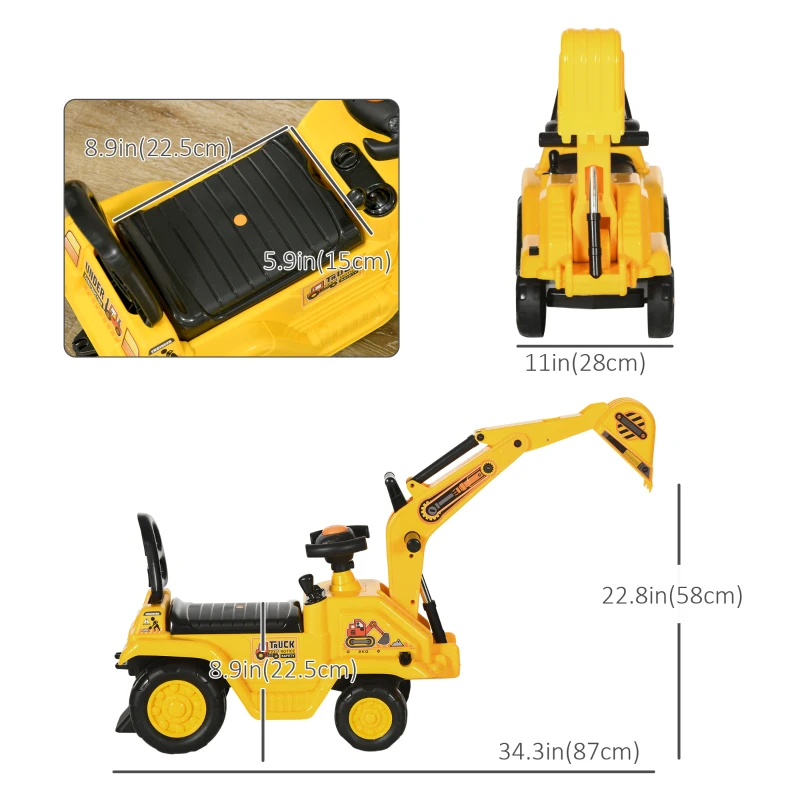 HOMCOM NO POWER 3 in 1 Ride On Toy Excavator Digger Scooter Pulling Cart Pretend Play Construction Truck