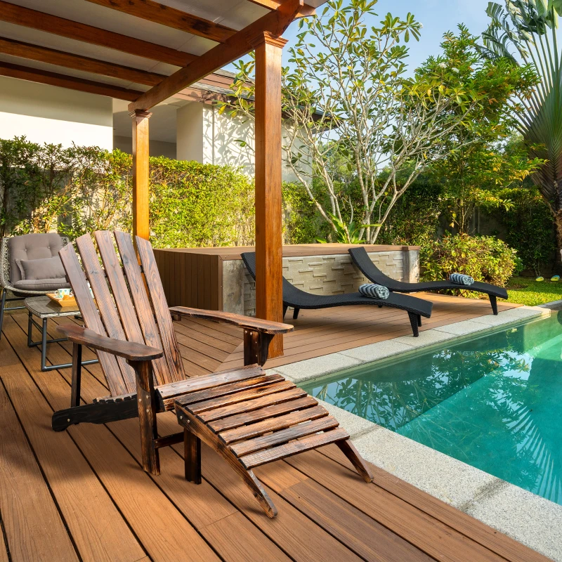 Outsunny Wooden Adirondack Chair with Ottoman, Outdoor Fire Pit Chair, Supports Up to 330 lbs., Rustic Brown