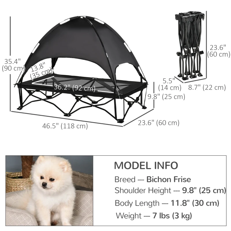 PawHut Elevated Pet Cot with Removable Canopy Shade UV Protection Portable Foldable Raised Bed Cot Carry Bag for Large and Medium-sized Dogs Indoor Outdoor Black