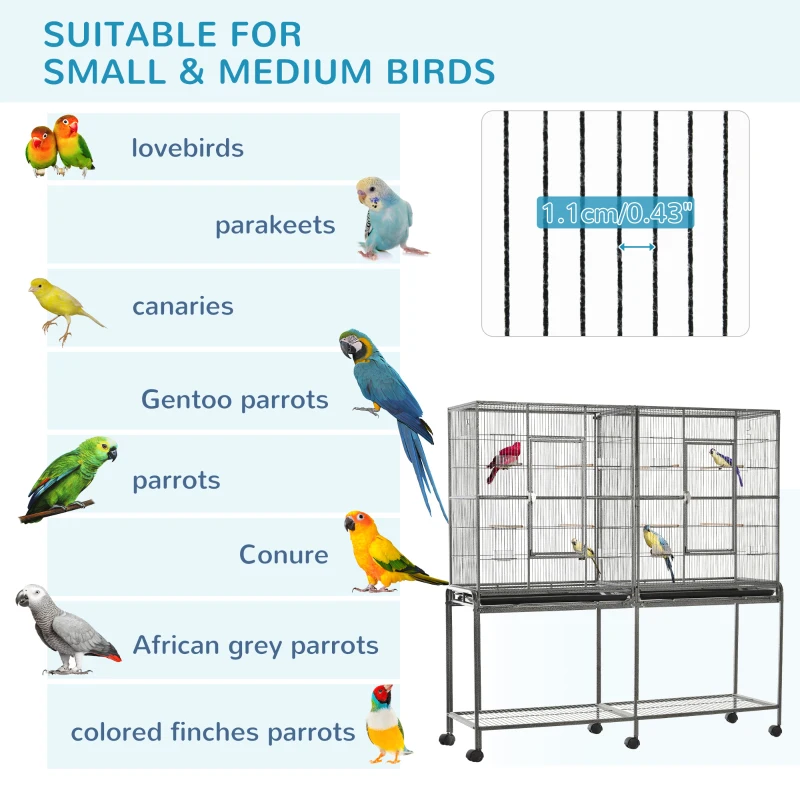 PawHut 64" Extra Large Bird Cage, Rolling Metal Parrot Cage, Bird House with Detachable Rolling Stand, Storage Shelf, Wood Perch, Food Container, 62.8" x 18.9" x 64.2"