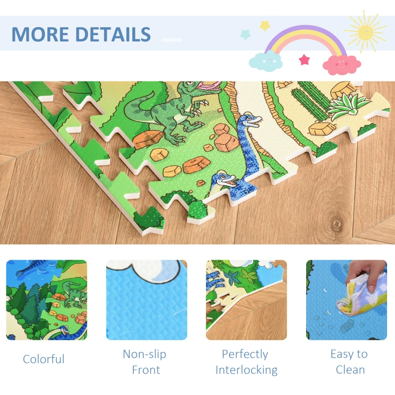 Qaba Kids Foam Puzzle Floor Tiles Baby Toddler Play Mat 36Pcs Anti-slip Crawling Learning with End Border Dinosaur Land Pattern 35SqFt EVA