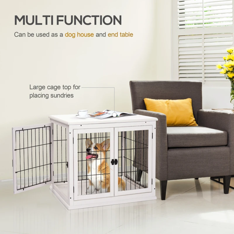 PawHut 26" Wooden Dog Cage with Double Door Entrance & Simple Modern Design, White