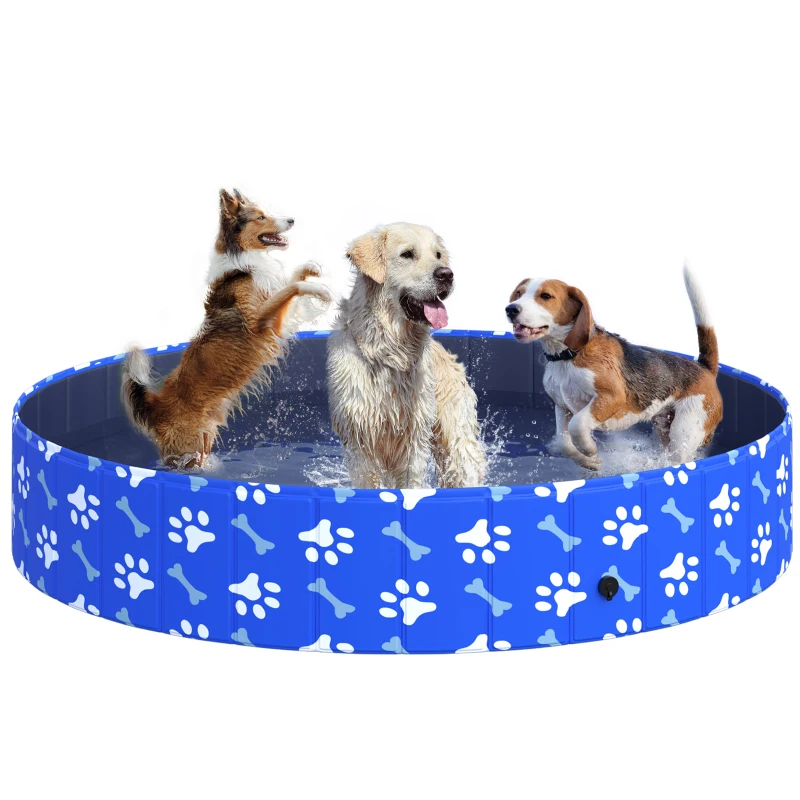 PawHut Folding Dog Pool Portable Pet Kiddie Swimming Pool, Outdoor/Indoor Puppy Bath Tub with Nonslip Bottom for Dogs & Cats,  (Φ63", Blue)