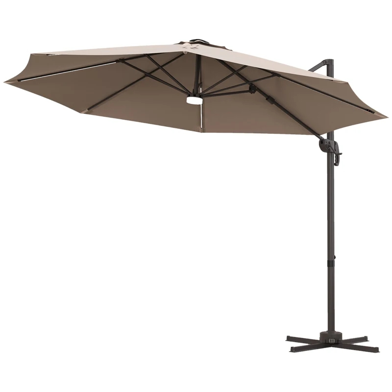Outsunny 10ft Cantilever Patio Umbrella Offset Parasol with Lights, Cross Base, 360° Rotating for Deck, Beach, Market, Khaki