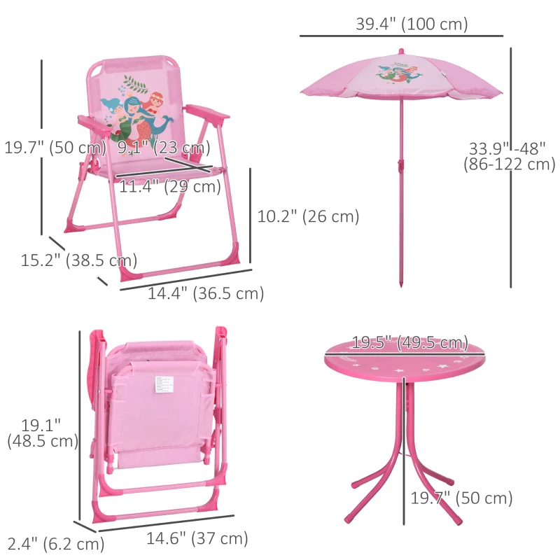Outsunny Kids Folding Picnic Table and Chair Set Pattern Outdoor Garden Patio Backyard with Removable & Height Adjustable Sun Umbrella Pink