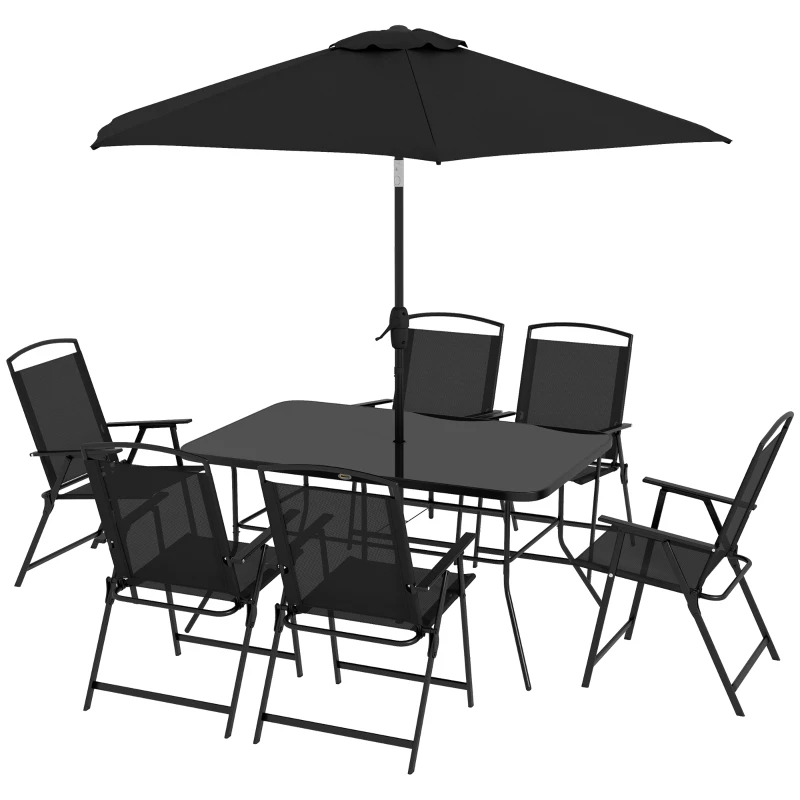 Outsunny 8 Piece Patio Set with Umbrella, 6 Folding Chairs, Rectangle Table, Outdoor Dining Set for 6 with Mesh Seat, Black