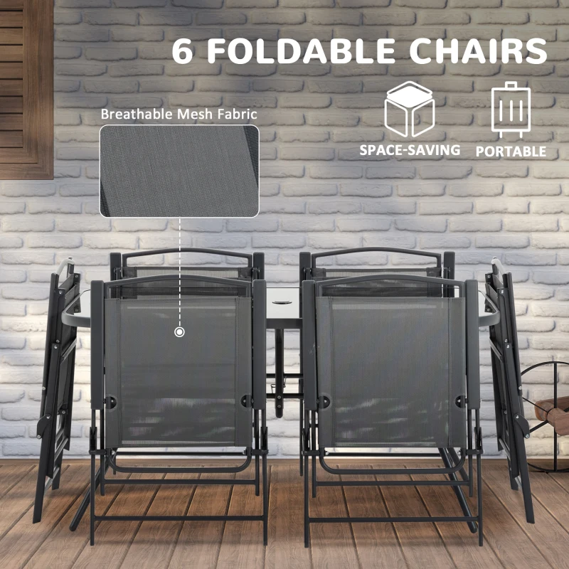 Outsunny 8 Piece Outdoor Dining Set, Patio Furniture Set with Umbrella, 6 Folding Chairs, Rectangle Table and Mesh Seat, Black