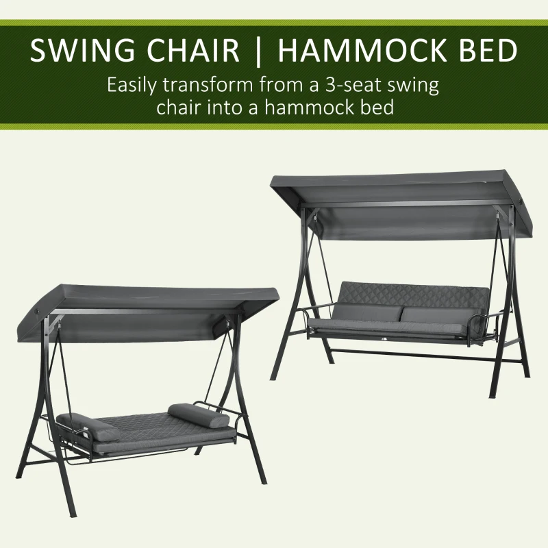 Outsunny 3 Person Porch Swing Bench with Adjustable Canopy, Cushions, Pillows for Porch and Backyard, Dark Grey