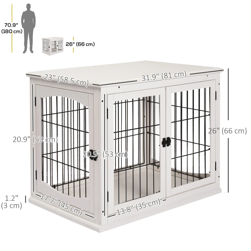 PawHut 26" Wooden Dog Cage with Double Door Entrance & Simple Modern Design, White