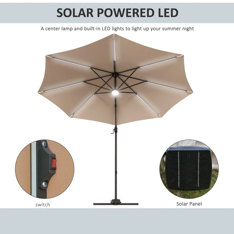 Outsunny 10ft Cantilever Patio Umbrella Offset Parasol with Lights, Cross Base, 360° Rotating for Deck, Beach, Market, Khaki