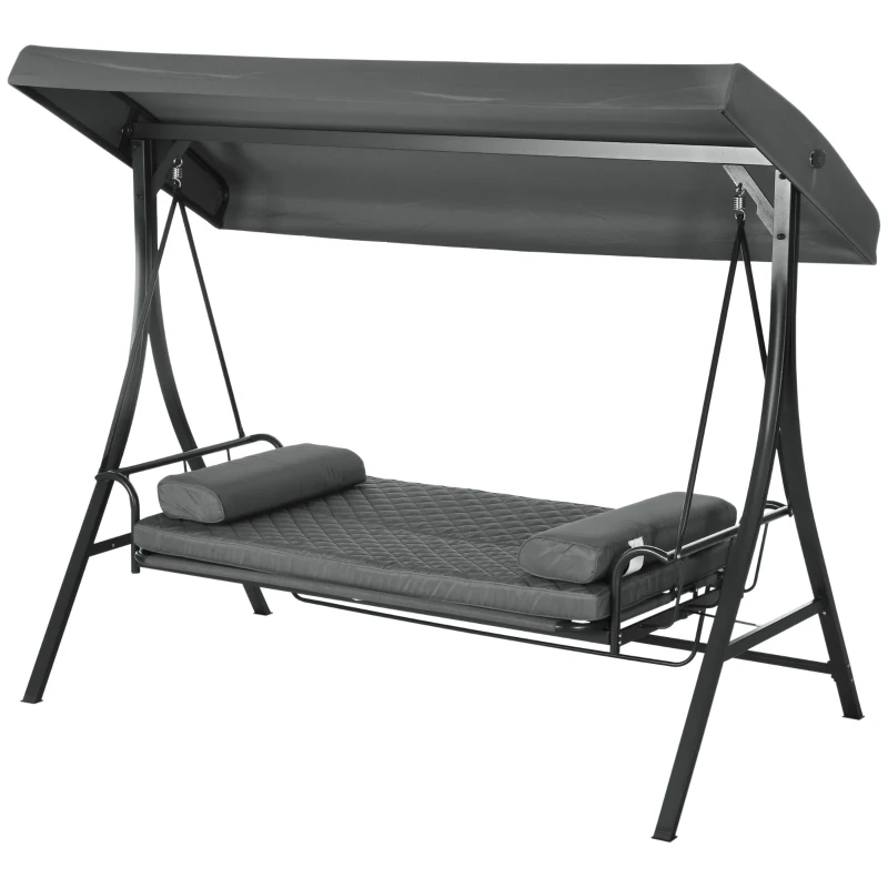 Outsunny 3 Person Porch Swing Bench with Adjustable Canopy, Cushions, Pillows for Porch and Backyard, Dark Grey