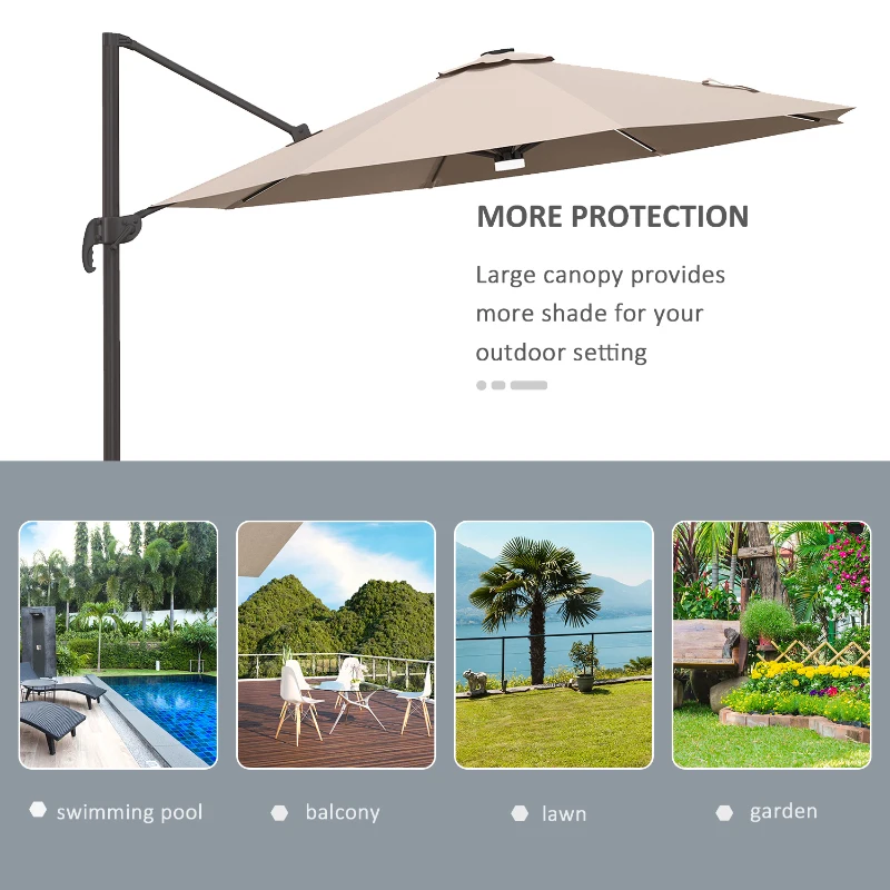 Outsunny 10ft Cantilever Patio Umbrella Offset Parasol with Lights, Cross Base, 360° Rotating for Deck, Beach, Market, Khaki