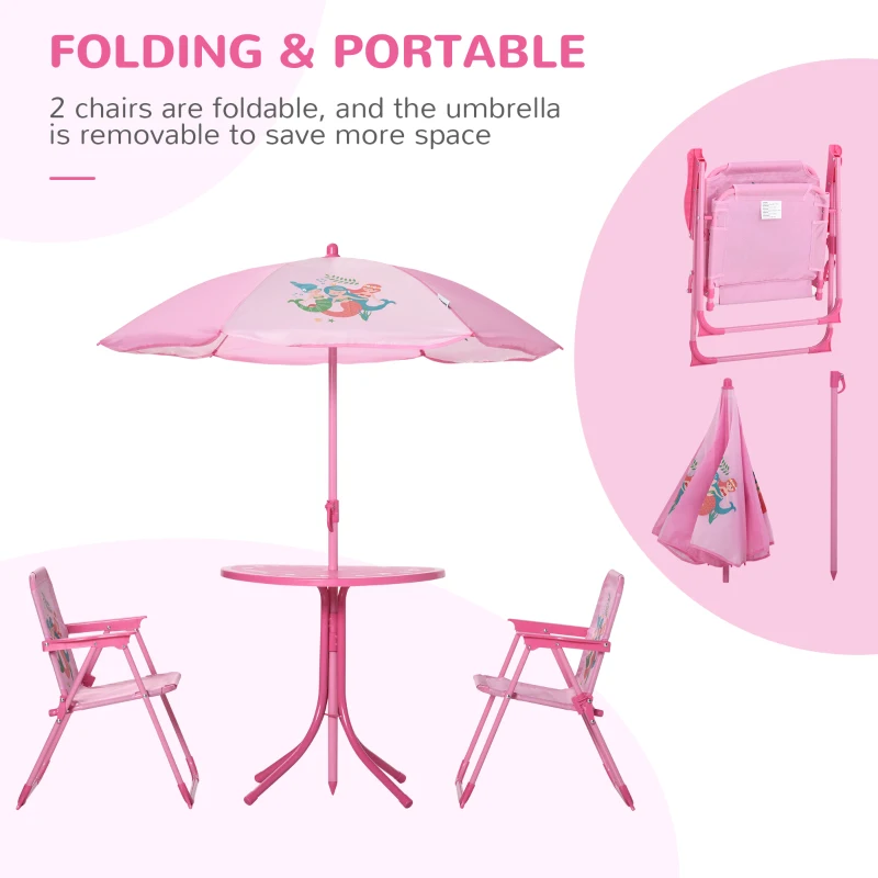 Outsunny Kids Folding Picnic Table and Chair Set Pattern Outdoor Garden Patio Backyard with Removable & Height Adjustable Sun Umbrella Pink