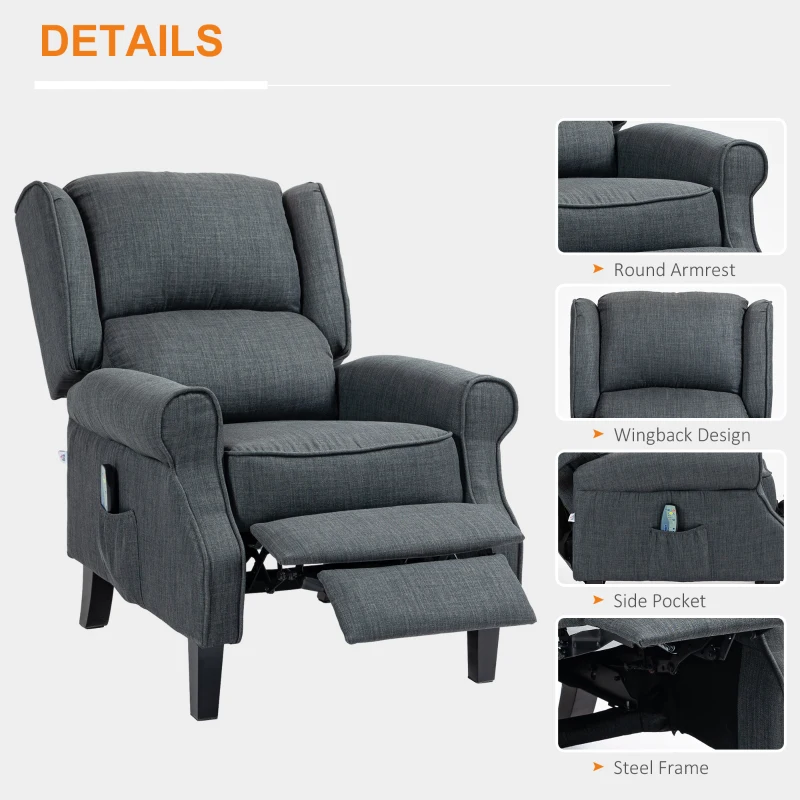 HOMCOM Vibrating Massage Recliner Chair with Heat, Wingback Push Back Reclining Chair for Living Room, Charcoal Gray