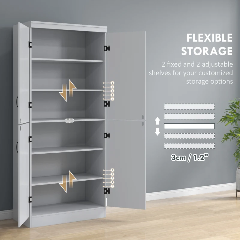 HOMCOM 70" Kitchen Pantry Cabinet, Freestanding Storage Cabinet with 4 Doors and 2 Adjustable Shelves for Dining Room, Gray