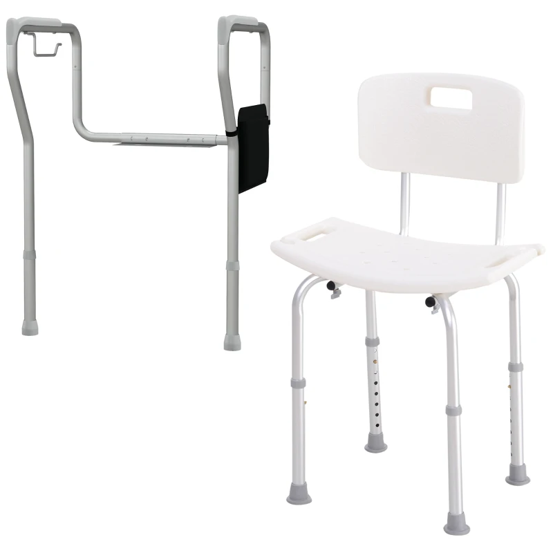 HOMCOM Shower Chair and Toilet Safety Rail Set, Height Adjustable Bath Chair, Width and Height Adjustable Toilet Rail, Assist Grab Bar for Seniors, Easy Installation