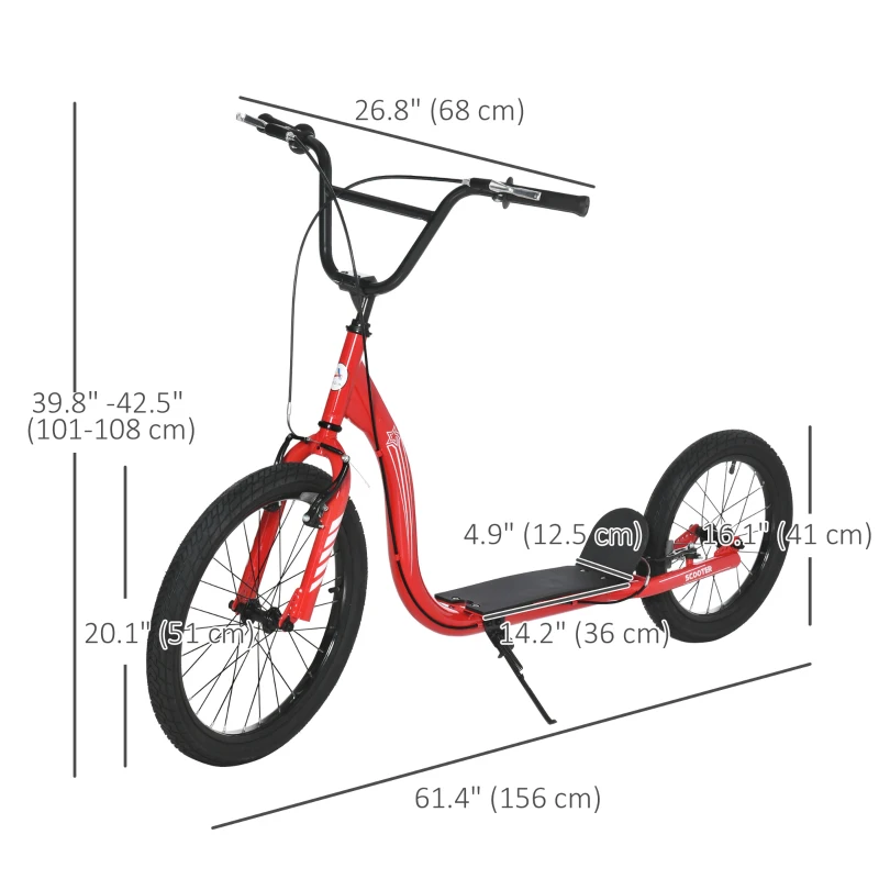 Aosom Youth Scooter Adjustable Height, Front Rear Dual Brakes, Inflatable Wheels 20-Inch 16-Inch, for 10+ Years, Red
