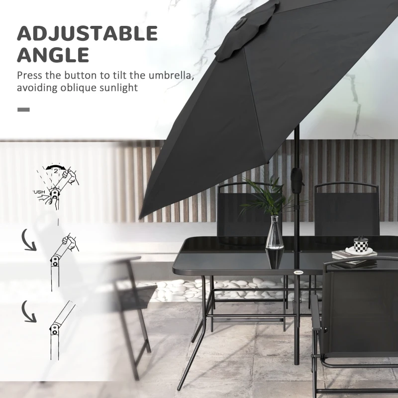 Outsunny 8 Piece Patio Set with Umbrella, 6 Folding Chairs, Rectangle Table, Outdoor Dining Set for 6 with Mesh Seat, Black