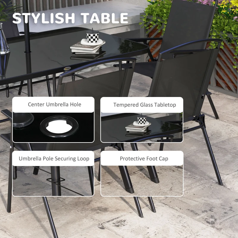 Outsunny 8 Piece Patio Set with Umbrella, 6 Folding Chairs, Rectangle Table, Outdoor Dining Set for 6 with Mesh Seat, Black