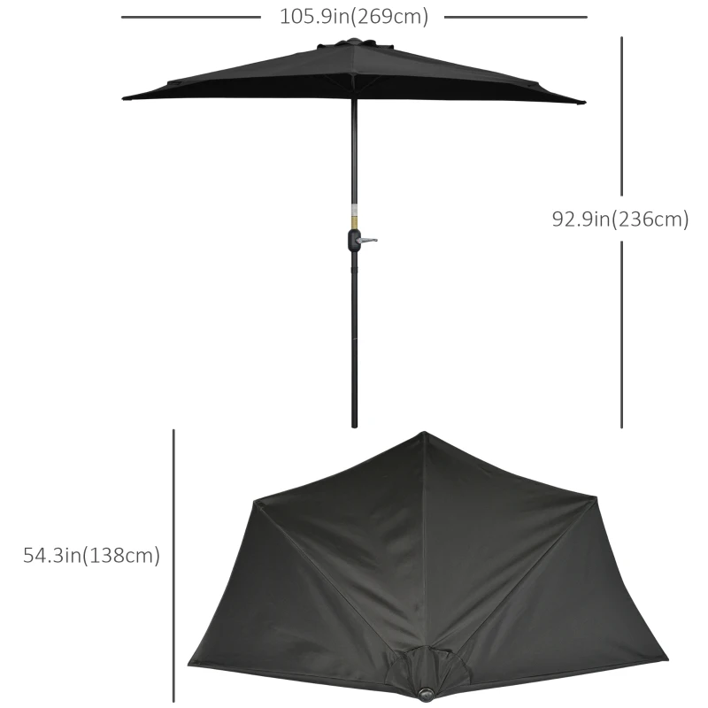 Outsunny 9ft Half Round Umbrella Outdoor Patio Garden Balcony Parasol Window Sun Shade w/ 5 Ribs Black