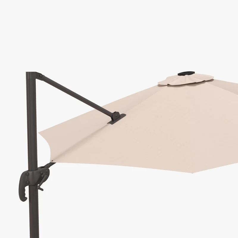 Outsunny 10ft Cantilever Patio Umbrella Offset Parasol with Lights, Cross Base, 360° Rotating for Deck, Beach, Market, Khaki