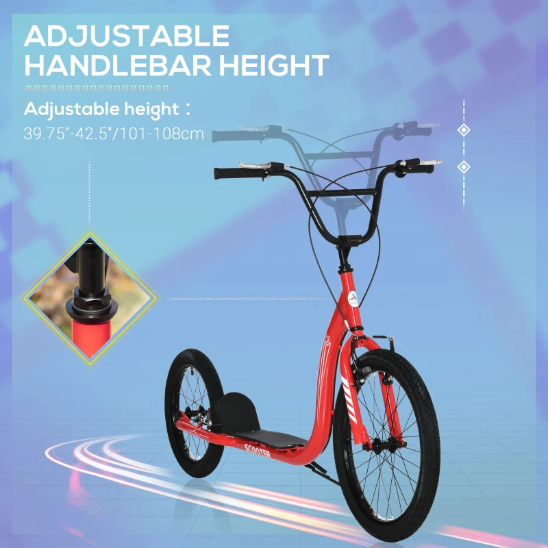 Aosom Youth Scooter Adjustable Height, Front Rear Dual Brakes, Inflatable Wheels 20-Inch 16-Inch, for 10+ Years, Red