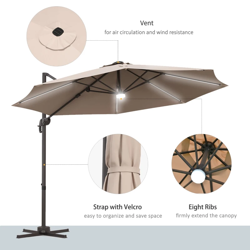 Outsunny 10ft Cantilever Patio Umbrella Offset Parasol with Lights, Cross Base, 360° Rotating for Deck, Beach, Market, Khaki