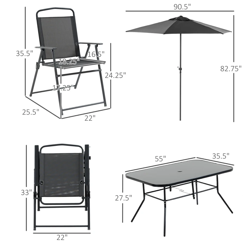 Outsunny 8 Piece Outdoor Dining Set, Patio Furniture Set with Umbrella, 6 Folding Chairs, Rectangle Table and Mesh Seat, Black