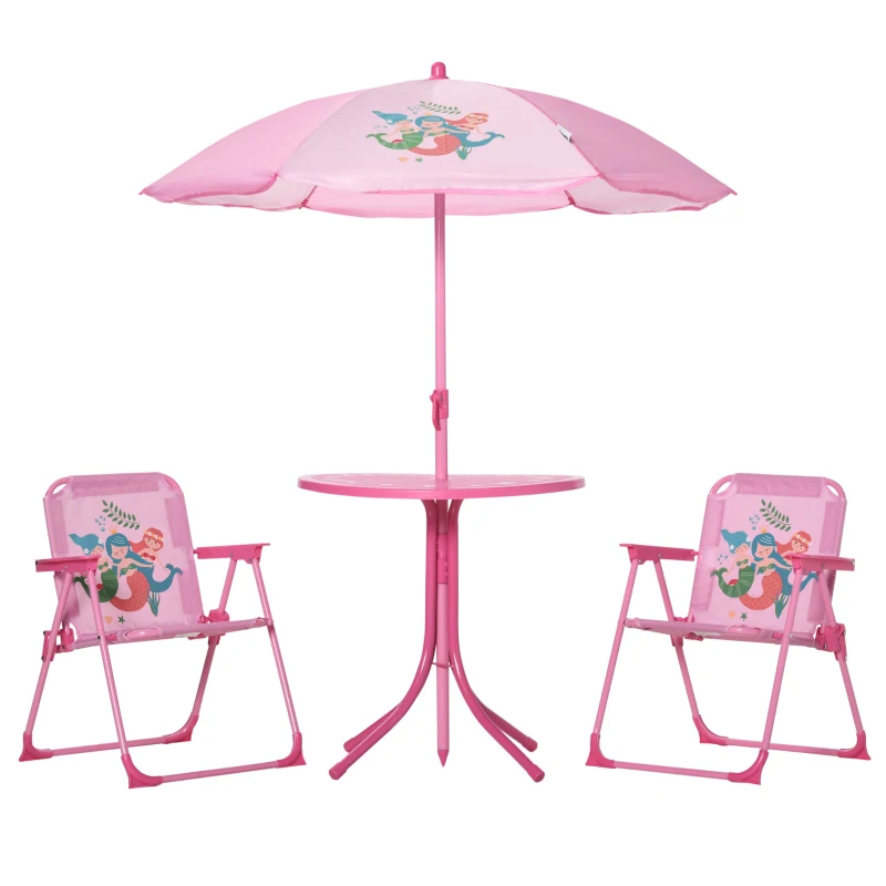 Outsunny Kids Folding Picnic Table and Chair Set Pattern Outdoor Garden Patio Backyard with Removable & Height Adjustable Sun Umbrella Pink