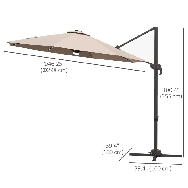 Outsunny 10ft Cantilever Patio Umbrella Offset Parasol with Lights, Cross Base, 360° Rotating for Deck, Beach, Market, Khaki