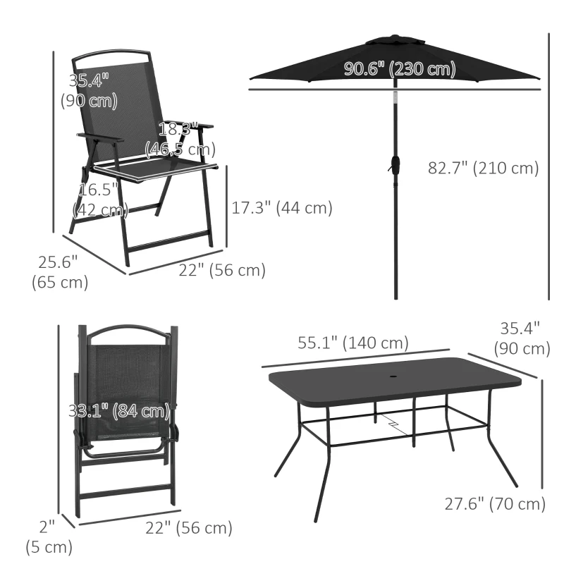 Outsunny 8 Piece Patio Set with Umbrella, 6 Folding Chairs, Rectangle Table, Outdoor Dining Set for 6 with Mesh Seat, Black