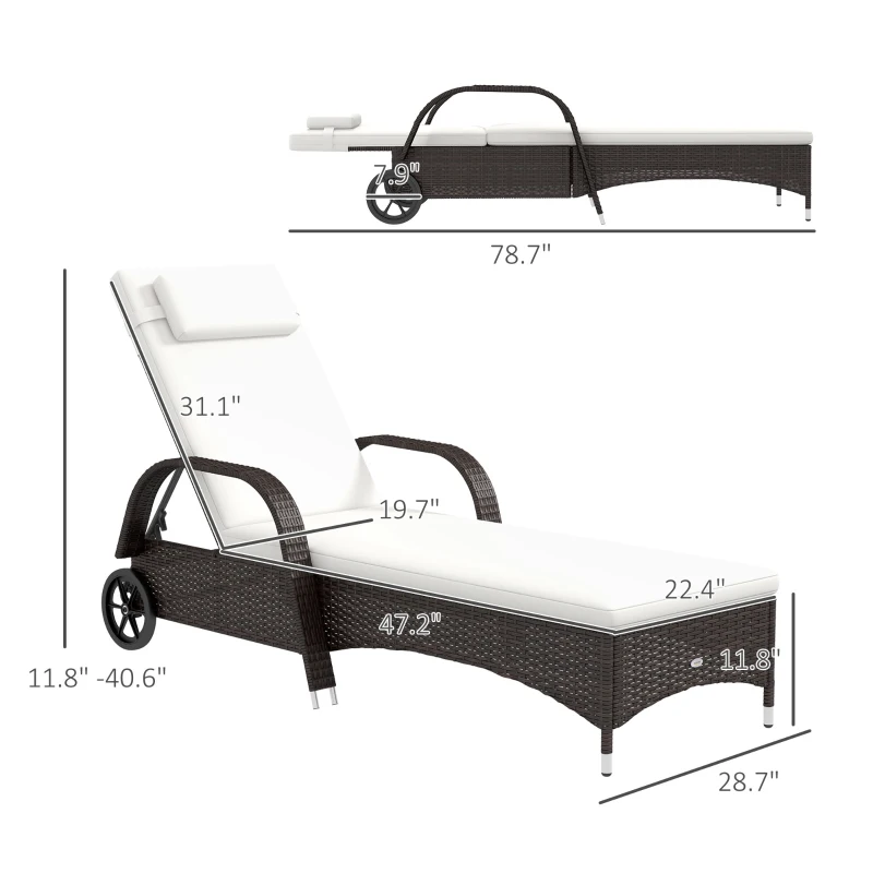 Outsunny 2 Reclining Chaise Lounge Chairs, Rolling Outdoor Chairs with Cushion, Pillow, Headrest, Armrests, and Wheels, Brown & White