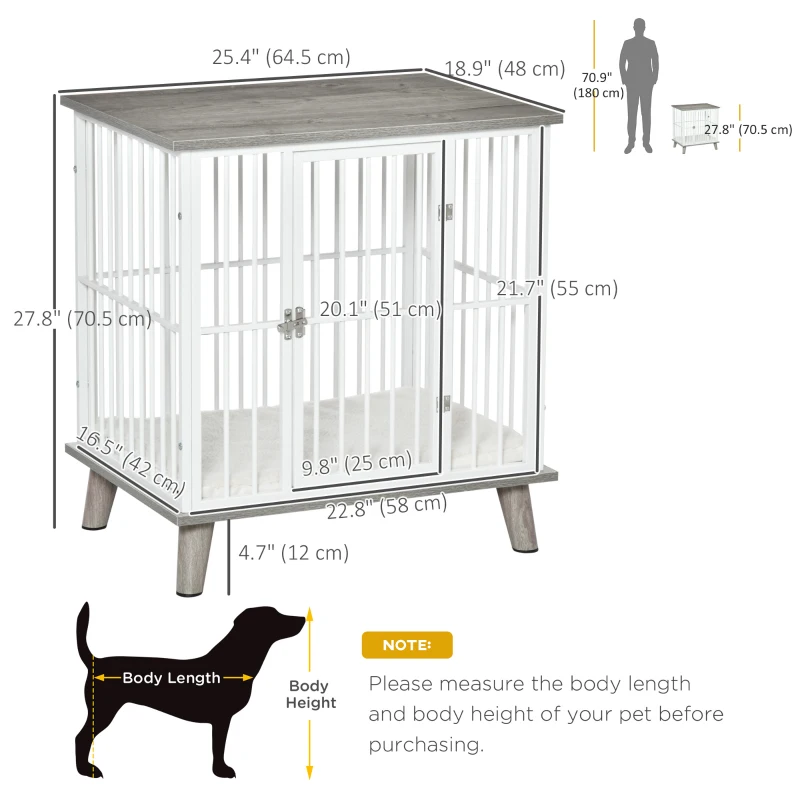 PawHut Dog Crate, Furniture Style Pet Cage Kennel, End Table, Decorative Dog House, with Soft Cushion, Wooden Top, Door, for Small Dogs, Indoor Use, Grey