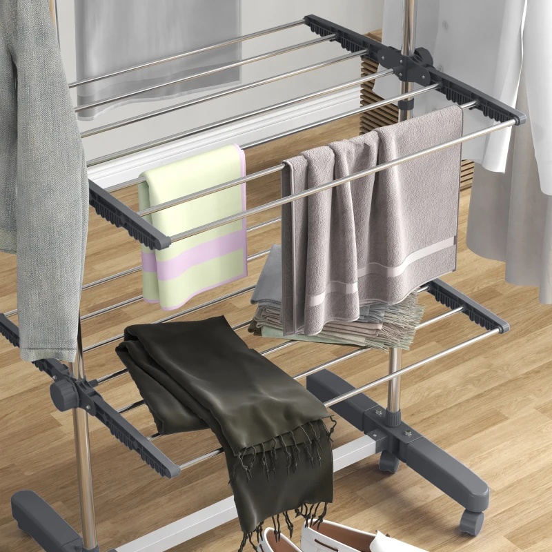 HOMCOM Garment Drying Rack Stainless Steel Folding Clothes Hanging Rack with Side Wings Castors for Indoor Outdoor Grey