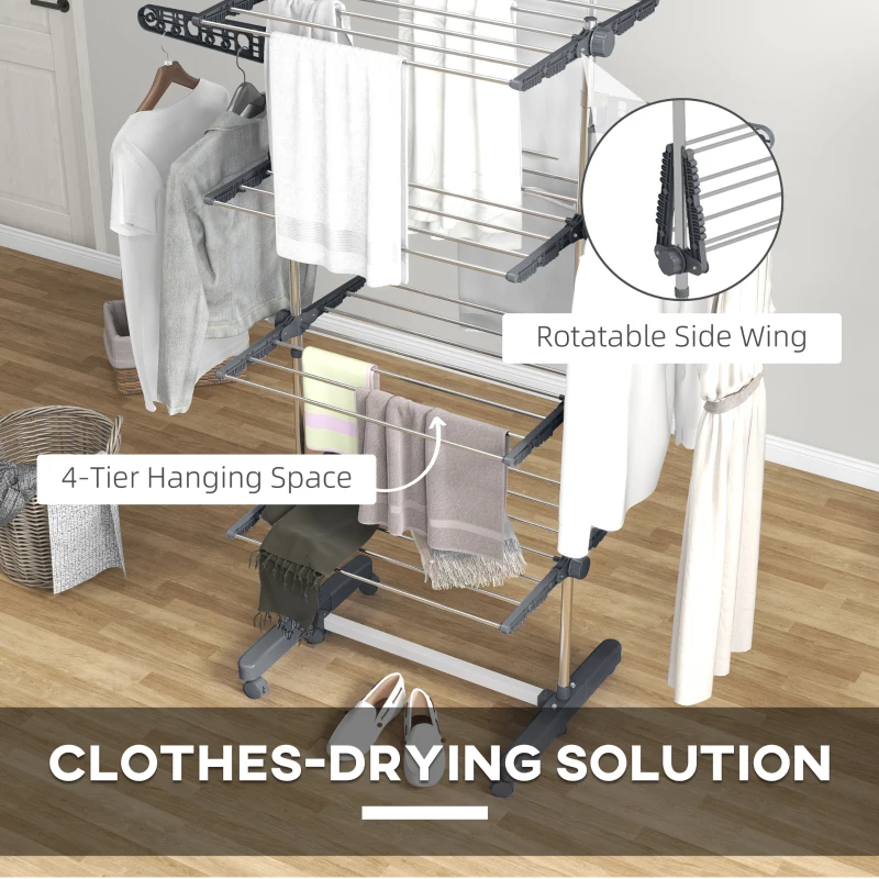 HOMCOM Garment Drying Rack Stainless Steel Folding Clothes Hanging Rack with Side Wings Castors for Indoor Outdoor Grey
