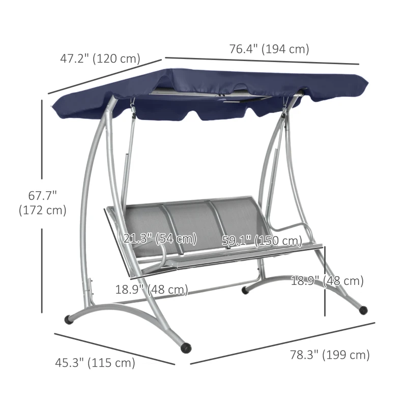 Outsunny 3-Seater Outdoor Swing Chair Bench with Adjustable Canopy, Dark Blue