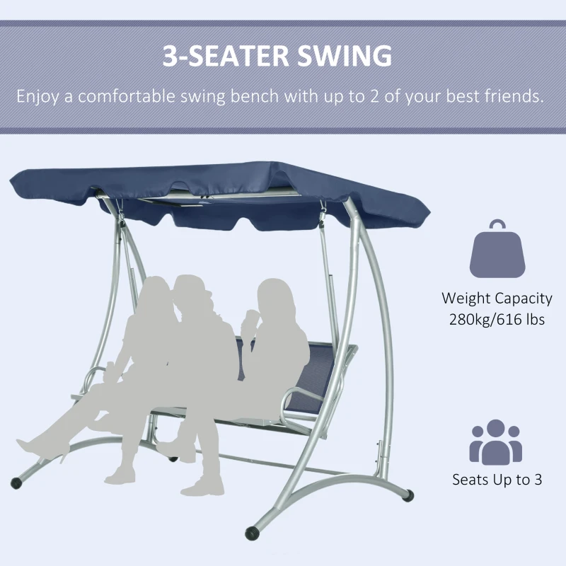 Outsunny 3-Seater Outdoor Swing Chair Bench with Adjustable Canopy, Dark Blue