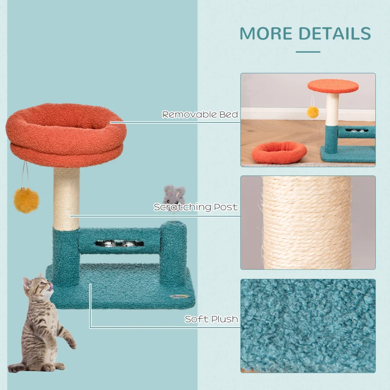 PawHut Cat Tree with Removable Bed Scratching Post Interactive Kitten Toy Dangling Ball Spring Roller Bell Blue Orange