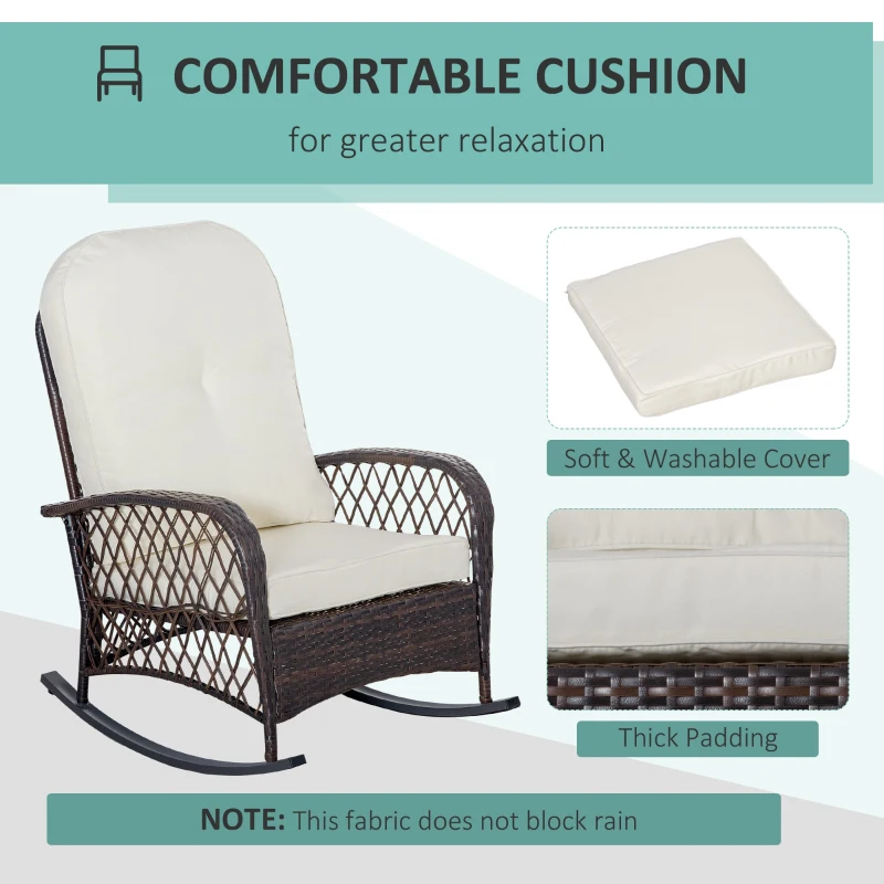 Outsunny Rattan Rocking Chair, Outdoor Wicker Patio Rocker Chair Furniture with Thick Cushions, for Garden Backyard Porch, Cream White