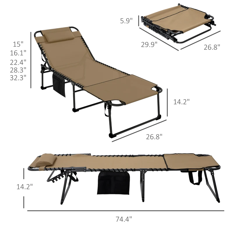 Outsunny 2 Piece Folding Chaise Lounge Pool Chairs with 5-level Reclining Back, Reading Hole, Side Pocket, Beige
