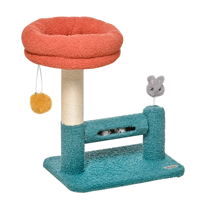 PawHut Cat Tree with Removable Bed Scratching Post Interactive Kitten Toy Dangling Ball Spring Roller Bell Blue Orange
