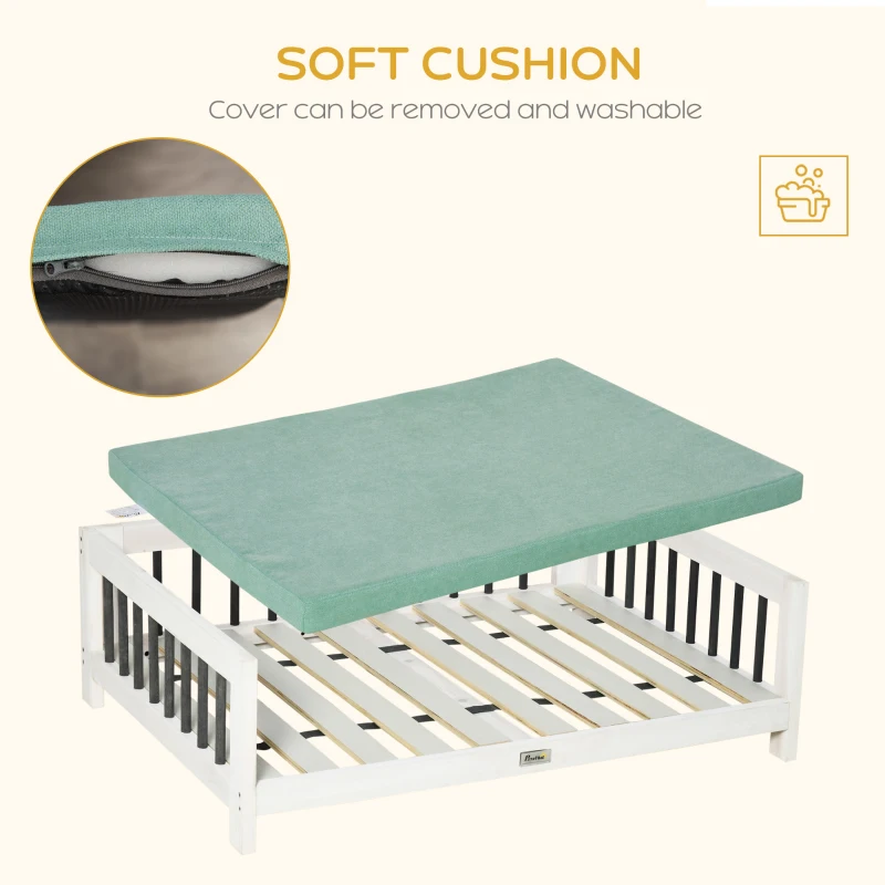 PawHut Elevated Dog Bed, Wooden Raised Pet Sofa, Portable Cat Lounge with Soft Cushion, Washable Cover for Medium Dogs and Cats, White Blue